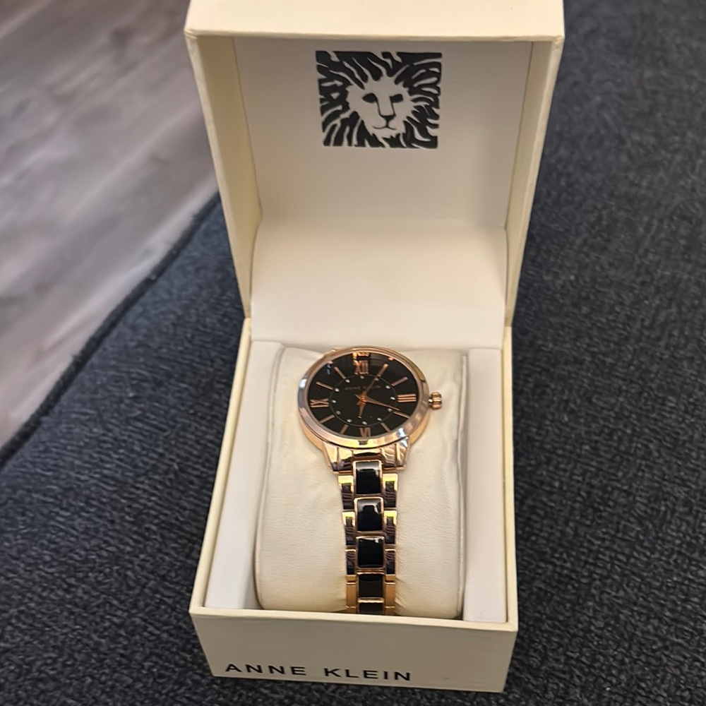 Anne Klein Black and Gold Watch with Two-Tone Bracelet